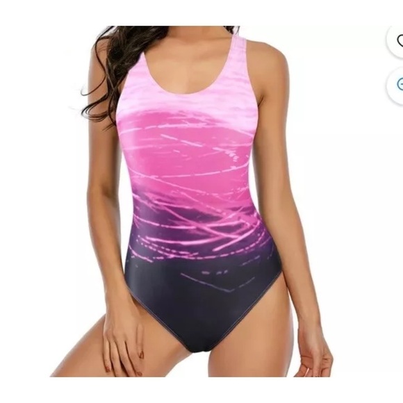 Swimsuit Women's Sz S One Piece Pink/Purple/Black Ombré Built in Bra Crisscross - Picture 3 of 10